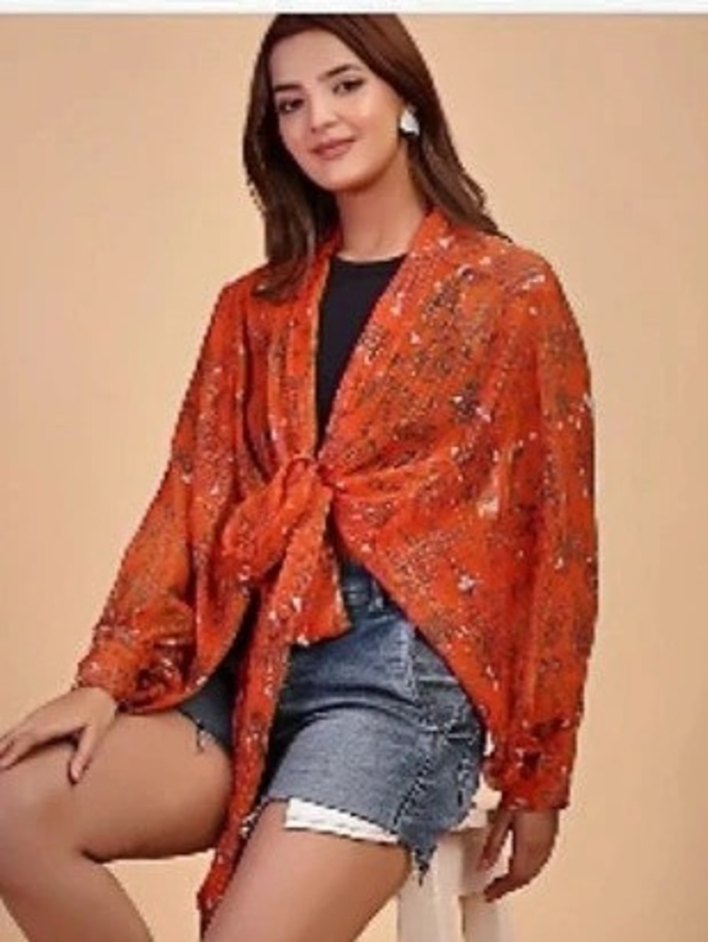 Free People Feeling Groovy Blouse Floral Tie Front Blouse Orange NWT